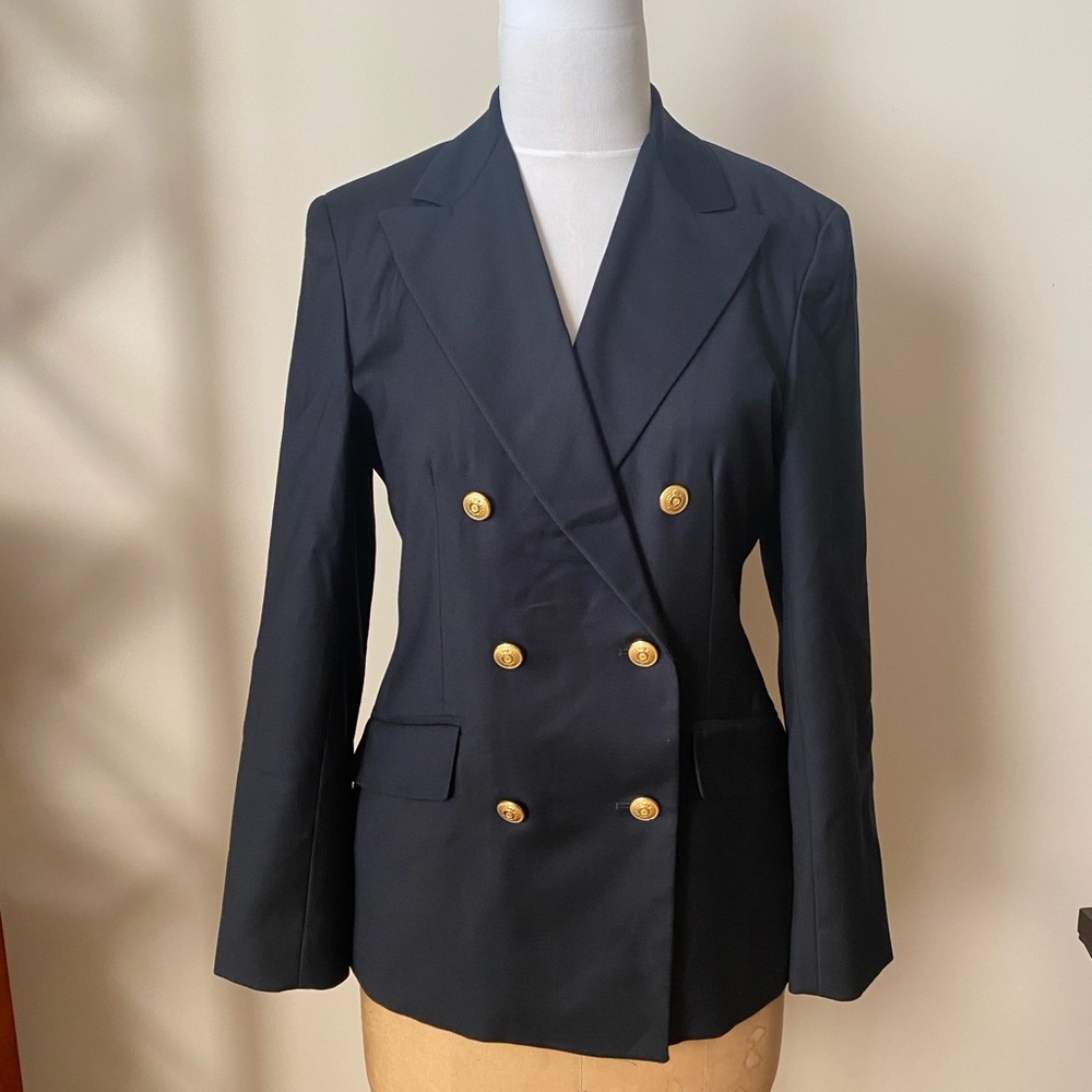 Brooks Brothers Double Breasted Navy Wool Blazer with Gold Tone Buttons - Size 4